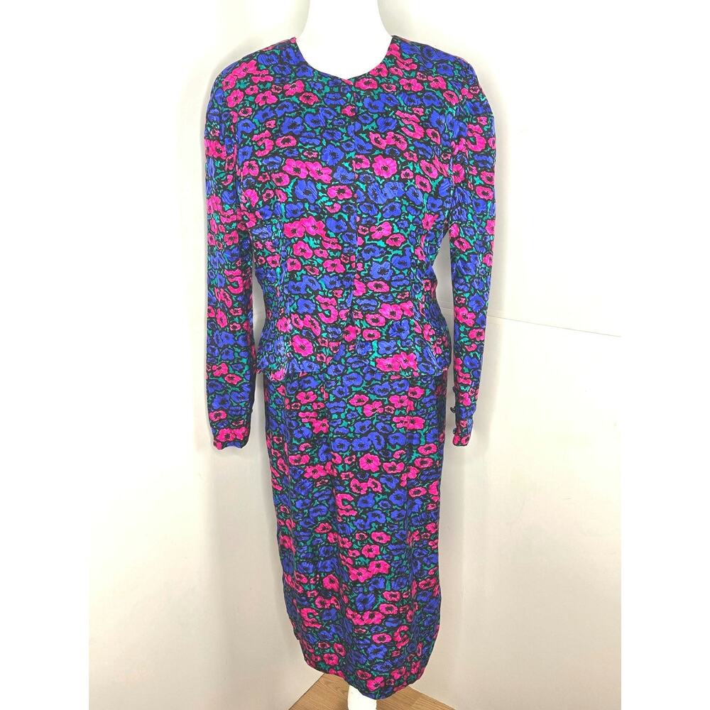 Adrianna Papell 2 piece silk skirt set floral long sleeve midi 14 plus purple